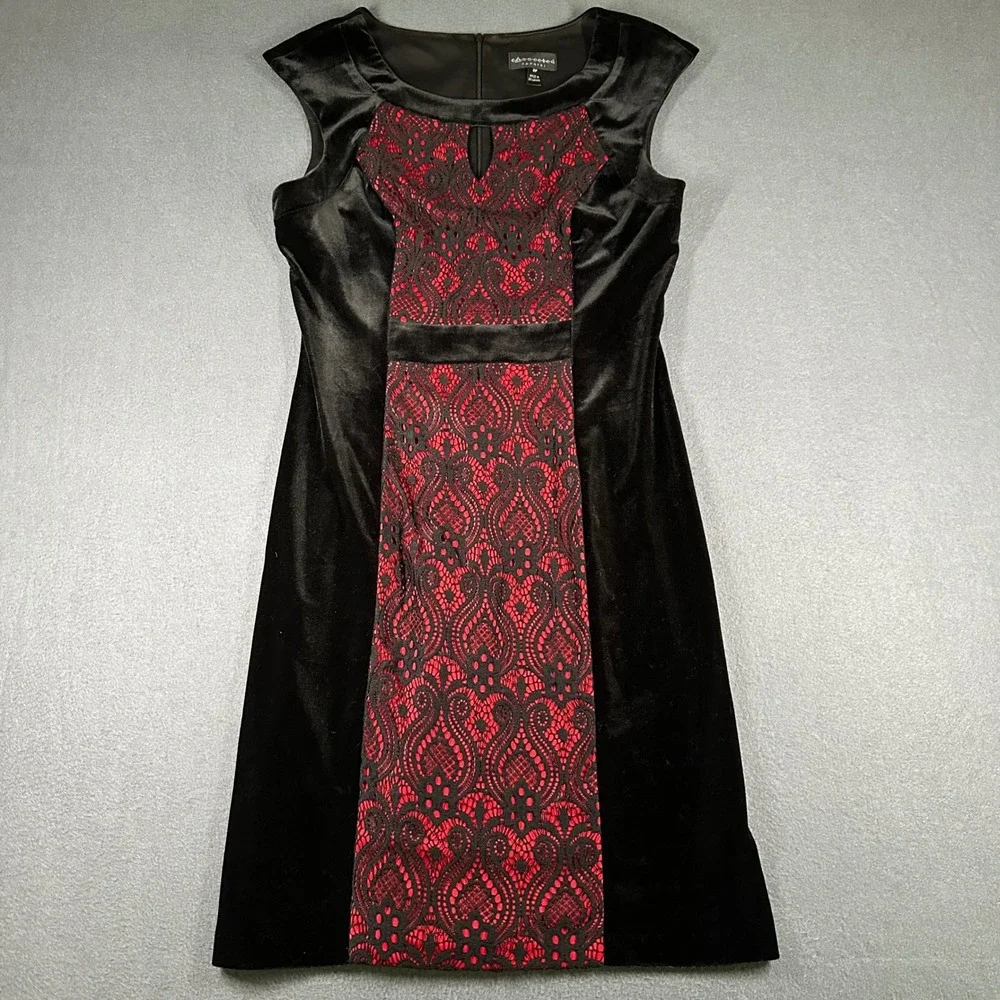 Connected Apparel Dress Womens 8P Black Velvet Red Lace Sheath Party Career - Picture 1 of 16